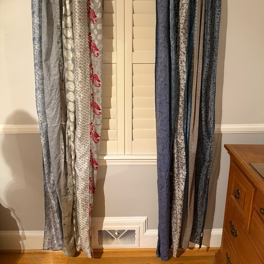 Blue, Gray, Red Patterned Silk Curtains, 6 panels